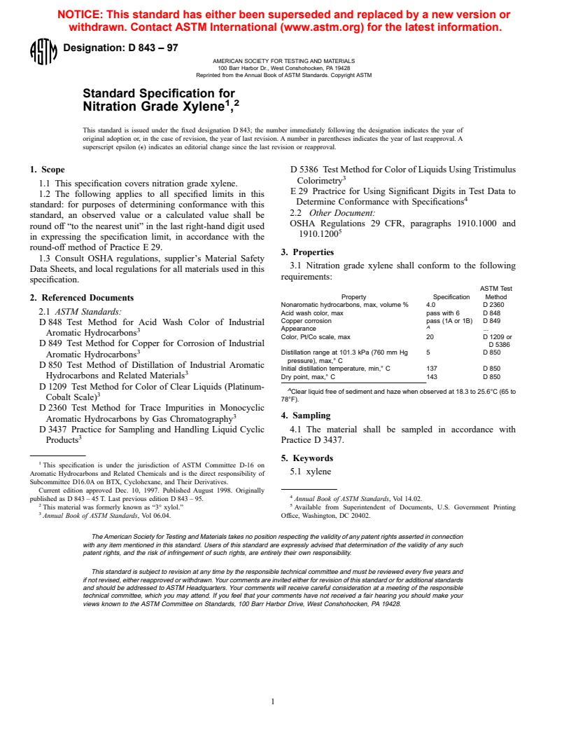 ASTM D843-97 - Standard Specification for Nitration Grade Xylene