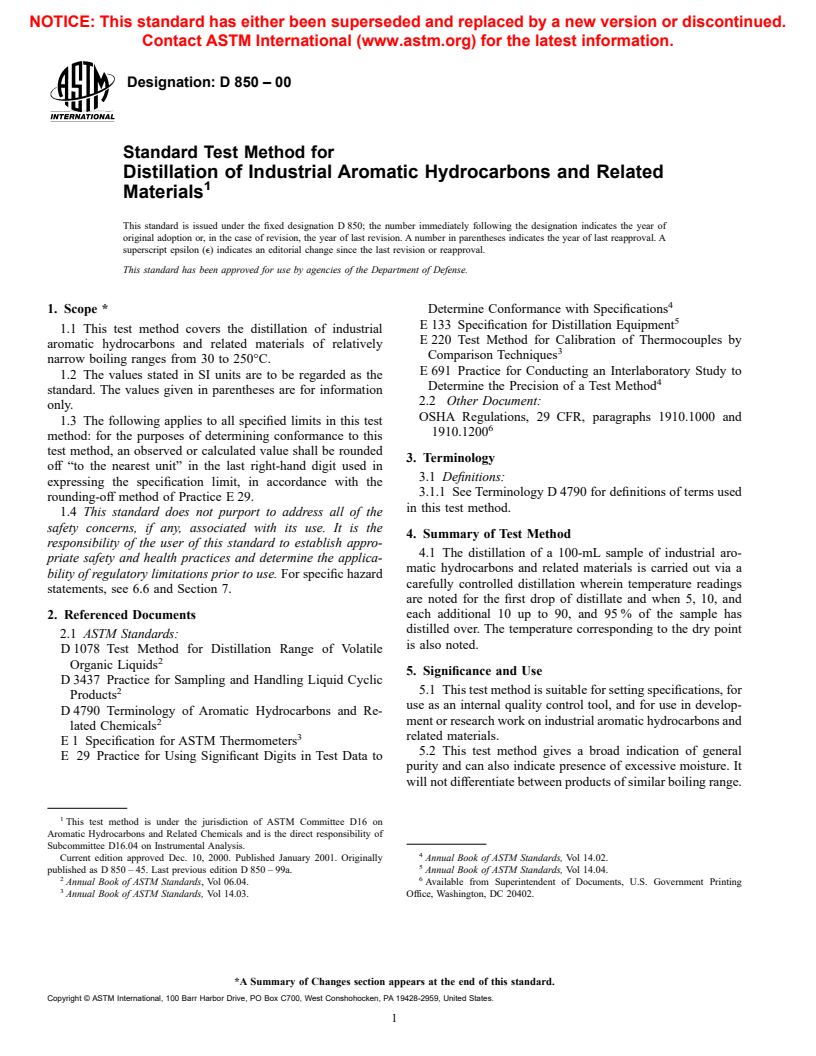 ASTM D850-00 - Standard Test Method for Distillation of Industrial Aromatic Hydrocarbons and Related Materials