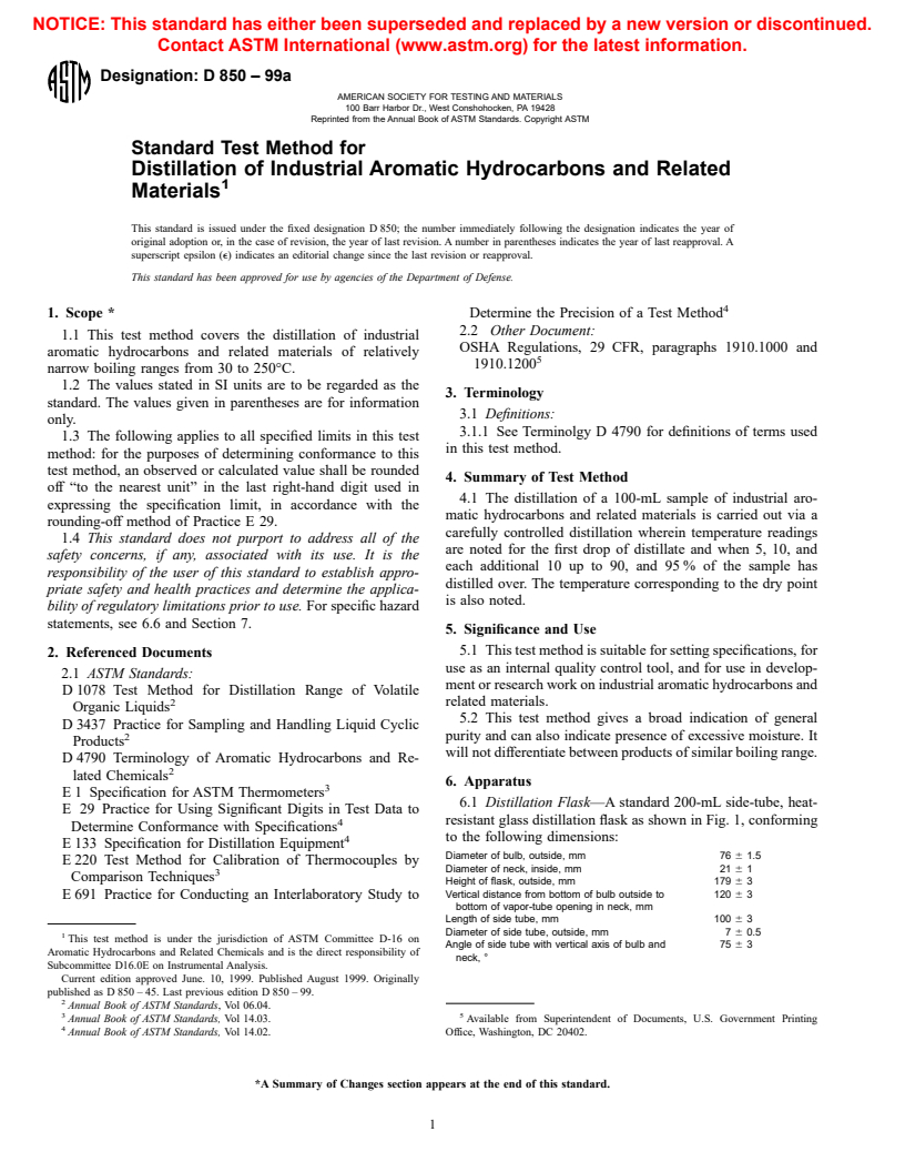 ASTM D850-99A - Standard Test Method for Distillation of Industrial Aromatic Hydrocarbons and Related Materials