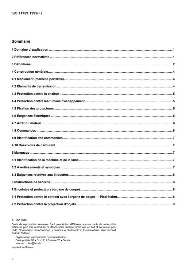 ISO 11789:1999 ISO 11789:1999 - Coupe-bordures a moteur avec organe de coupe rigide -- Définitions, exigences de sécurité et modes opératoires d'essai - Page 2 preview