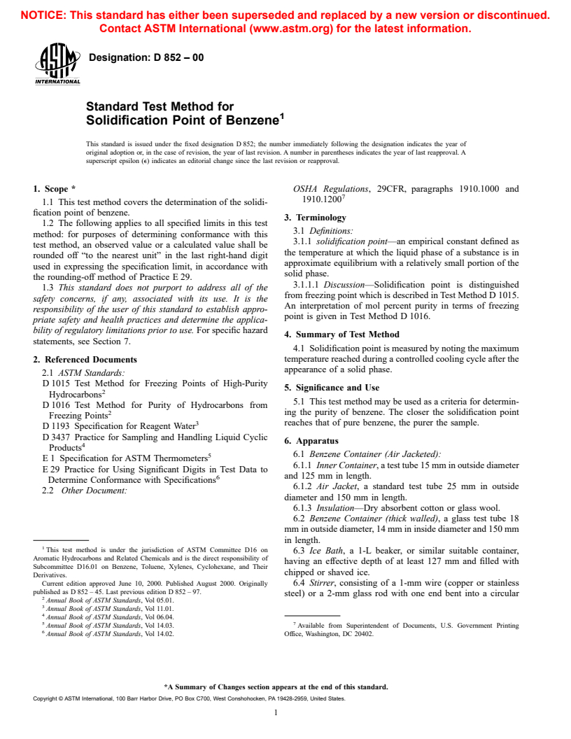 ASTM D852-00 - Standard Test Method for Solidification Point of Benzene