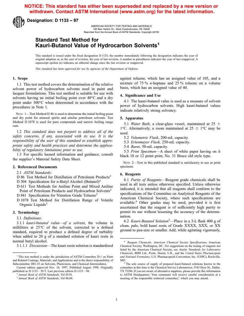 ASTM D1133-97 - Standard Test Method for Kauri-Butanol Value of Hydrocarbon Solvents