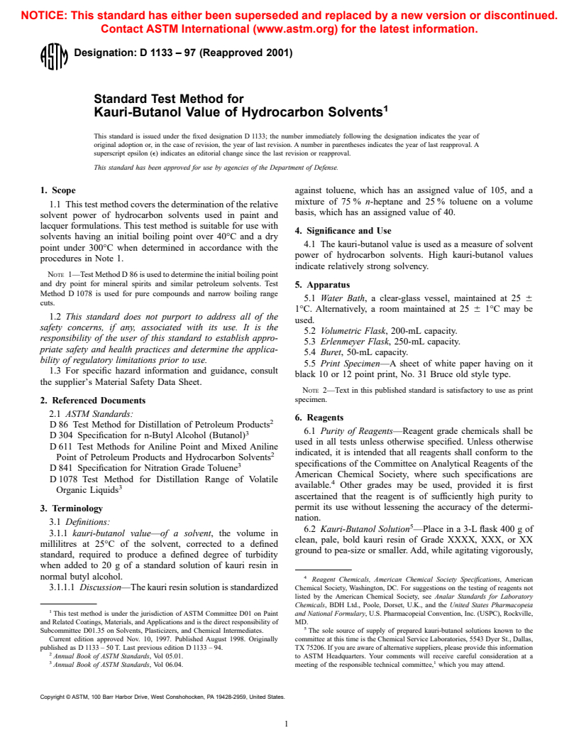 ASTM D1133-97(2001) - Standard Test Method for Kauri-Butanol Value of Hydrocarbon Solvents