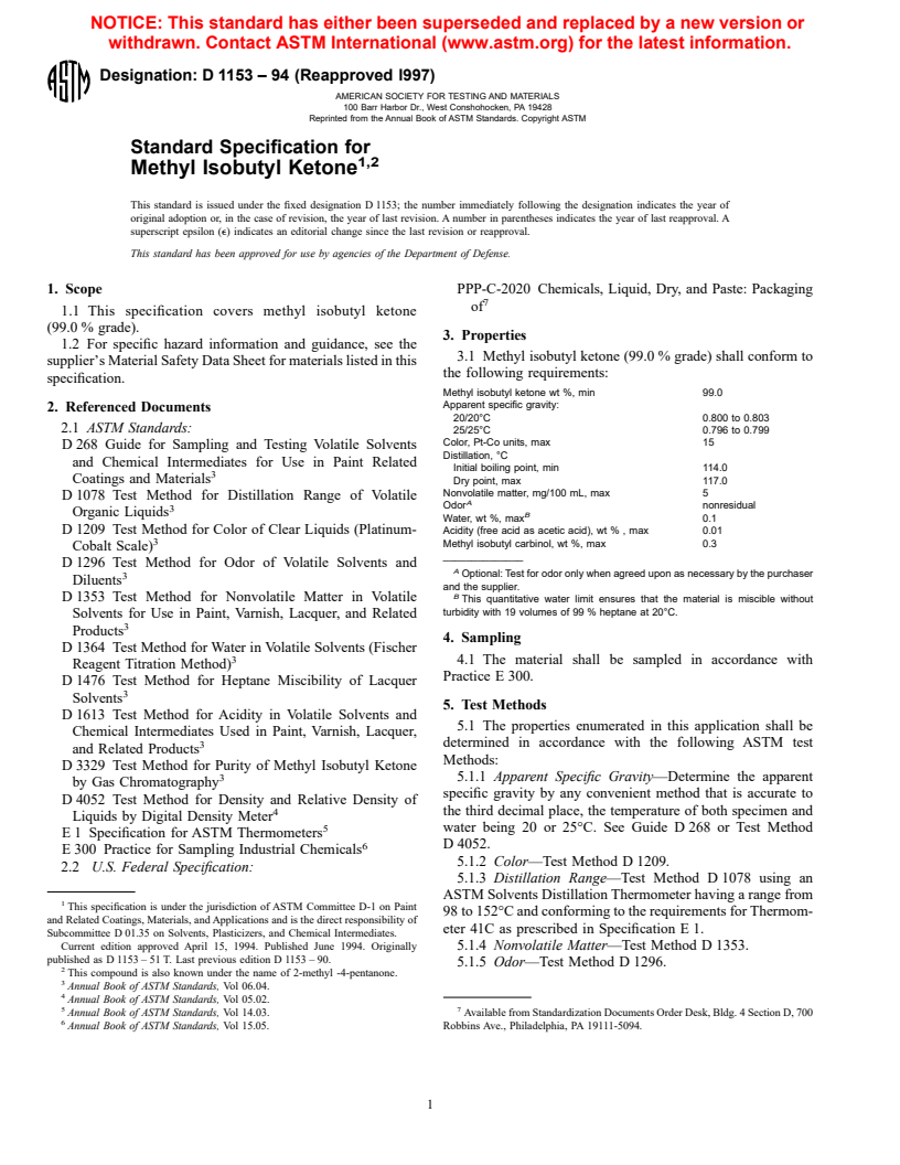 ASTM D1153-94(1997) - Standard Specification for Methyl Isobutyl Ketone