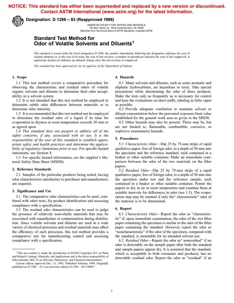 ASTM D1296-93(1996) - Standard Test Method for Odor of Volatile Solvents and Diluents