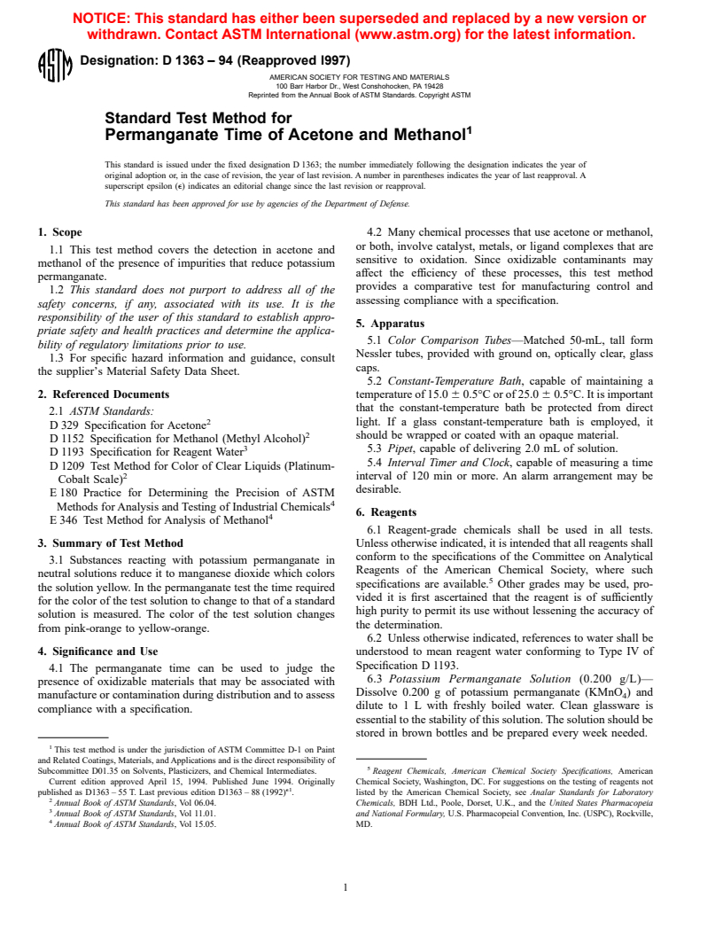 ASTM D1363-94(1997) - Standard Test Method for Permanganate Time of Acetone and Methanol