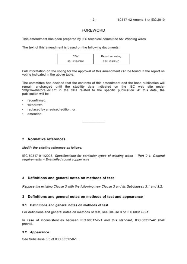 IEC 60317-42:1997/AMD1:2010 IEC 60317-42:1997/AMD1:2010 - Amendment 1 - Specifications for particular types of winding wires - Part 42: Polyester-amide-imide enamelled round copper wire, class 200 - Page 4 preview