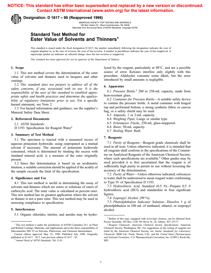 ASTM D1617-90(1996) - Standard Test Method for Ester Value of Solvents and Thinners