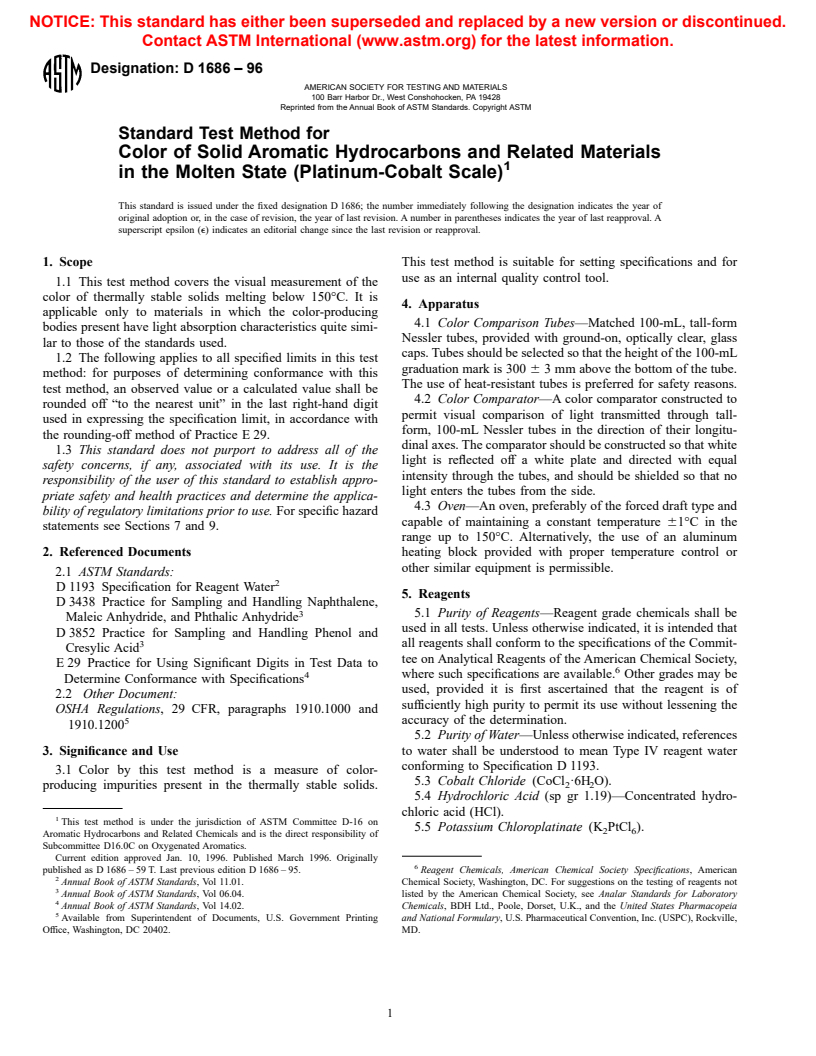 ASTM D1686-96 - Standard Test Method for Color of Solid Aromatic Hydrocarbons and Related Materials in the Molten State (Platinum-Cobalt Scale)