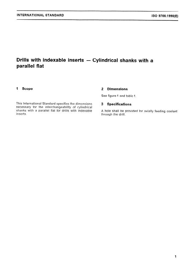 ISO 9766:1990 - Drills with indexable inserts -- Cylindrical shanks with a parallel flat