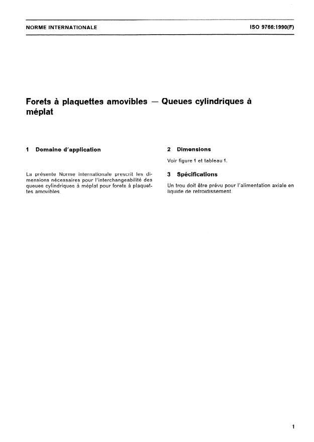 ISO 9766:1990 - Forets a plaquettes amovibles -- Queues cylindriques a méplat