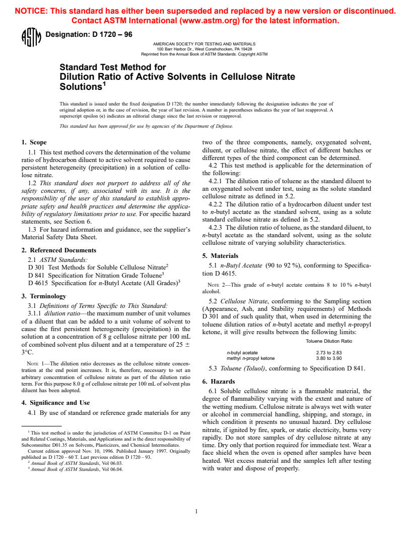 ASTM D1720-96 - Standard Test Method for Dilution Ratio of Active Solvents in Cellulose Nitrate Solutions