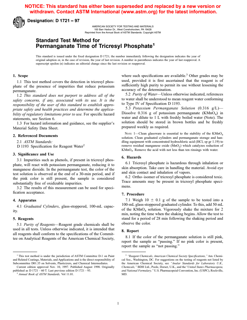 ASTM D1721-97 - Standard Test Method for Permanganate Time of Tricresyl Phosphate