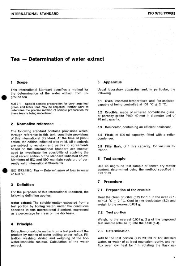 ISO 9768:1990 - Tea -- Determination of water extract