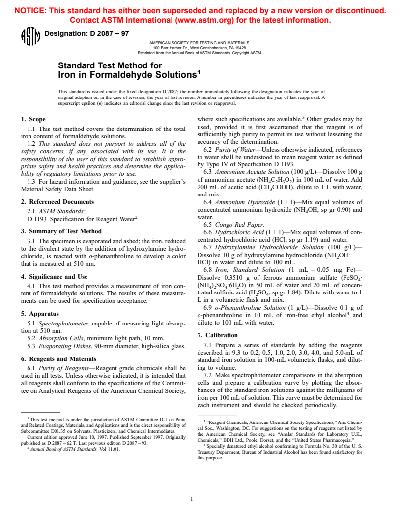 ASTM D2087-97 - Standard Test Method for Iron in Formaldehyde Solutions