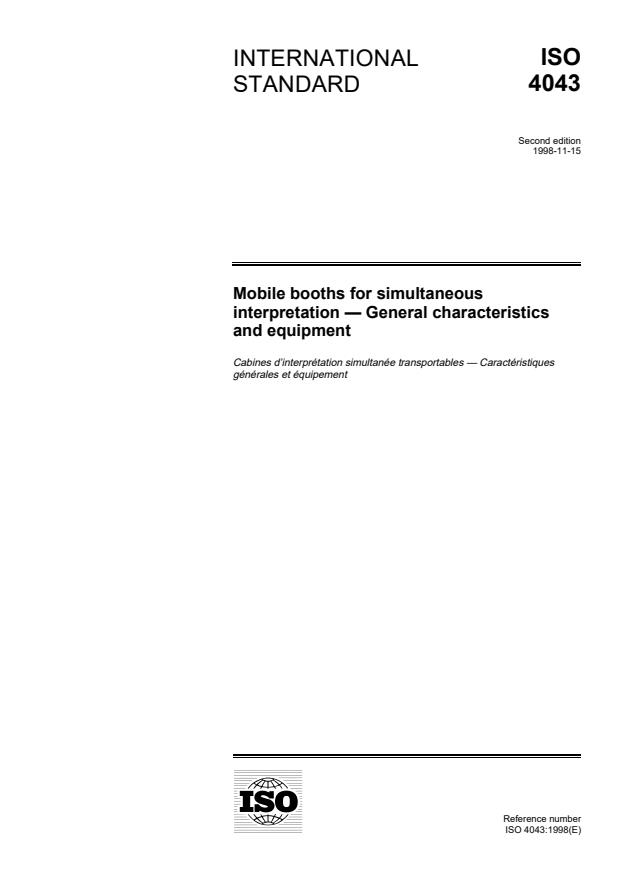 ISO 4043:1998 - Mobile booths for simultaneous interpretation -- General characteristics and equipment
