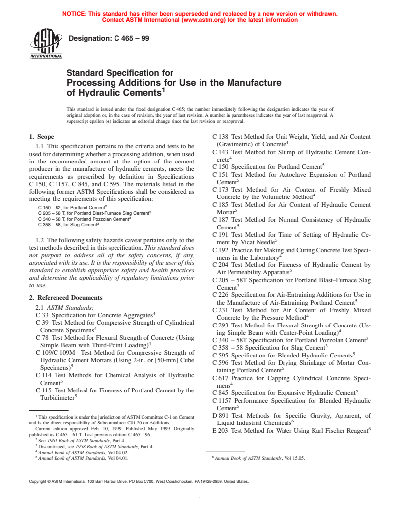 ASTM C465-99 - Standard Specification for Processing Additions for Use in the Manufacture of Hydraulic Cements