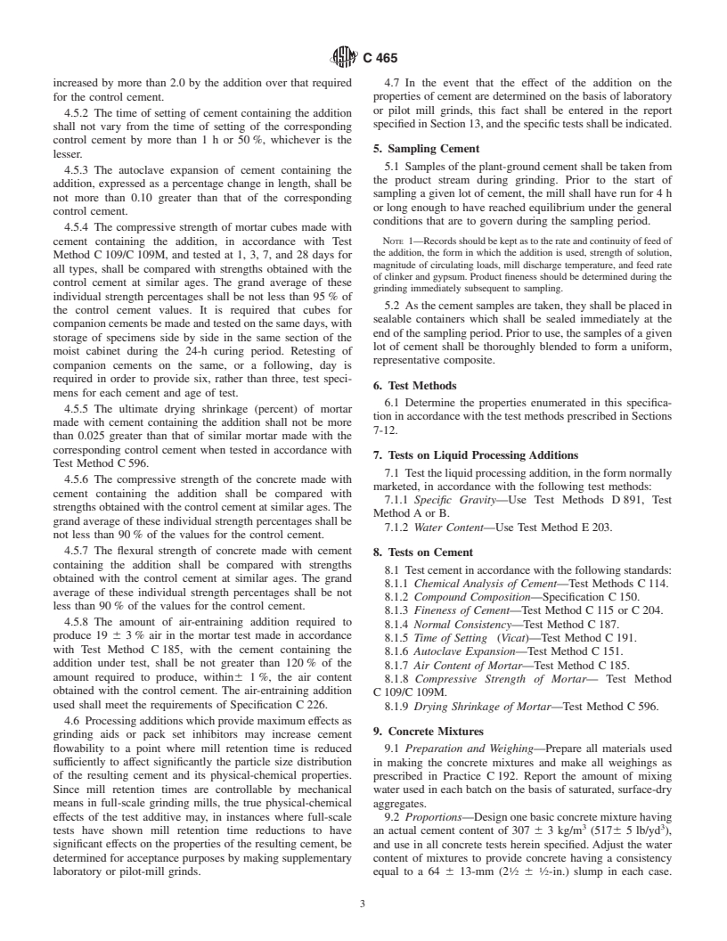 ASTM C465-99 - Standard Specification for Processing Additions for Use in the Manufacture of Hydraulic Cements