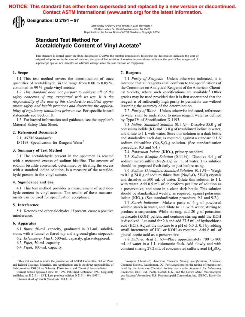 ASTM D2191-97 - Standard Test Method for Acetaldehyde Content of Vinyl Acetate