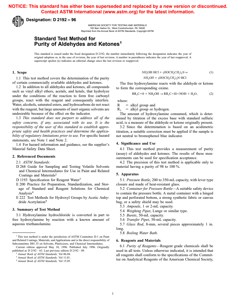 ASTM D2192-96 - Standard Test Method for Purity of Aldehydes and Ketones