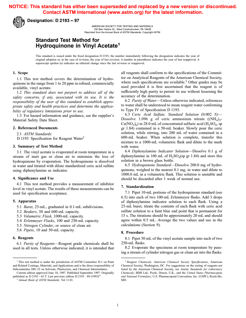 ASTM D2193-97 - Standard Test Method for Hydroquinone in Vinyl Acetate