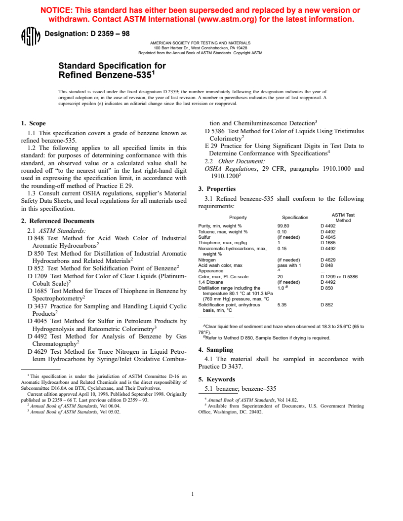 ASTM D2359-98 - Standard Specification for Refined Benzene-535