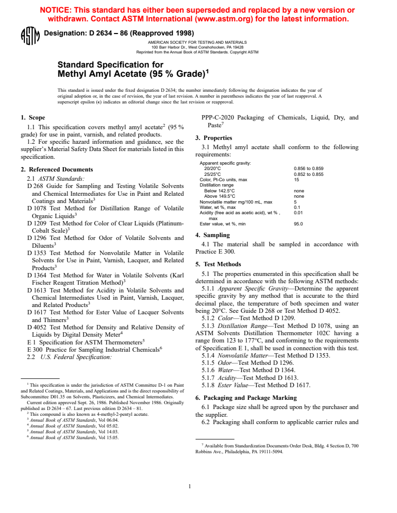 ASTM D2634-86(1998) - Standard Specification for Methyl Amyl Acetate (95% Grade)