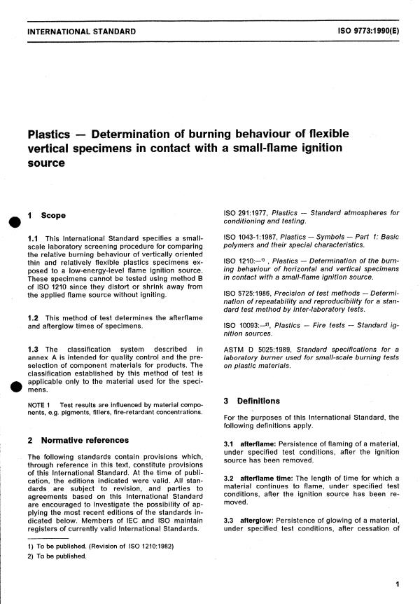 ISO 9773:1990 - Plastics -- Determination of burning behaviour of flexible vertical specimens in contact with a small-flame ignition source