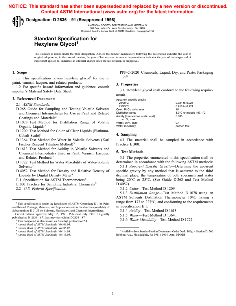 ASTM D2636-91(1996) - Standard Specification for Hexylene Glycol