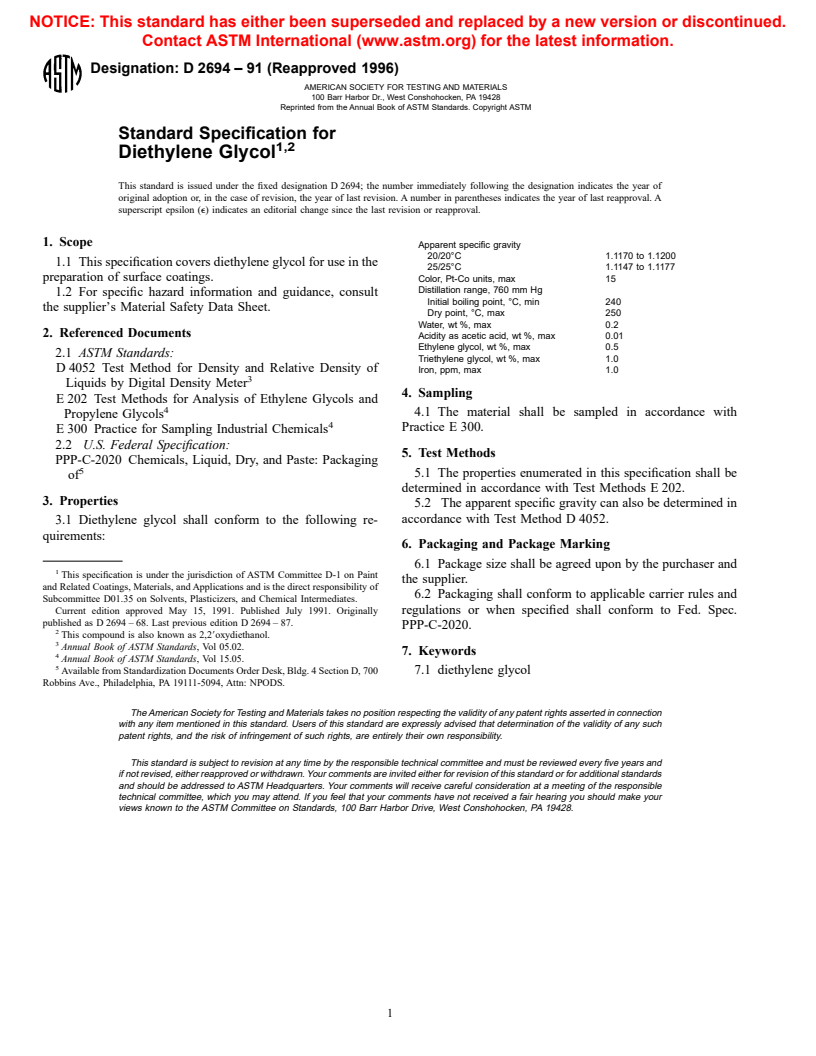 ASTM D2694-91(1996) - Standard Specification for Diethylene Glycol