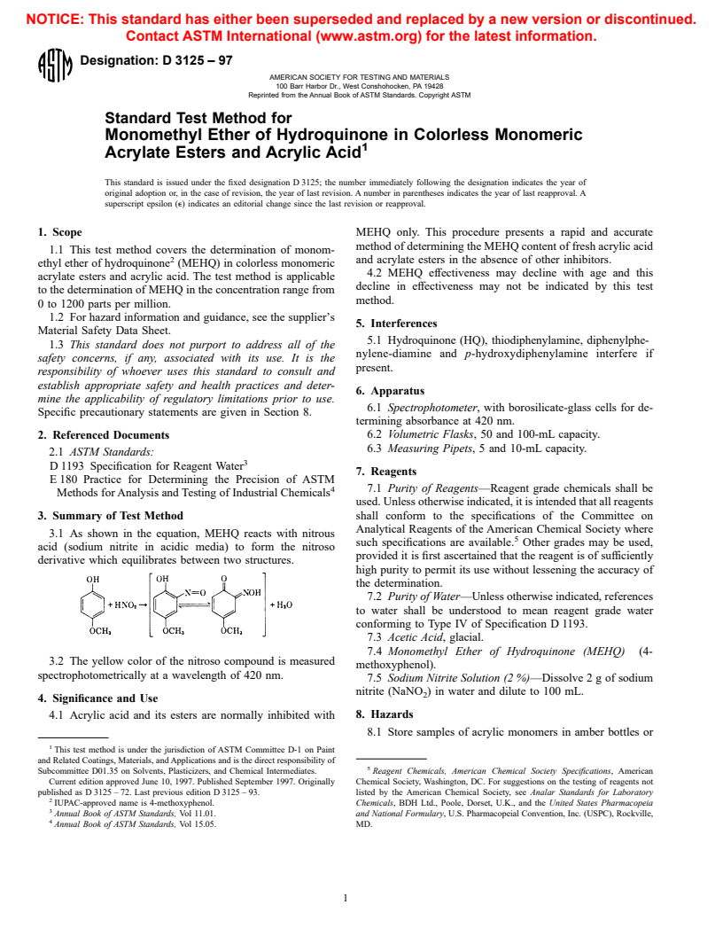 ASTM D3125-97 - Standard Test Method for Monomethyl Ether of Hydroquinone in Colorless Monomeric Acrylate Esters and Acrylic Acid