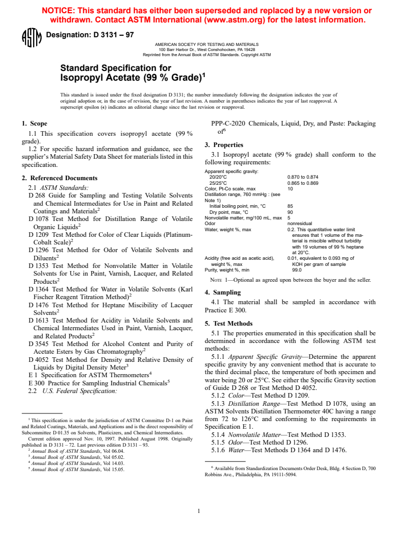 ASTM D3131-97 - Standard Specification for Isopropyl Acetate (99% Grade)