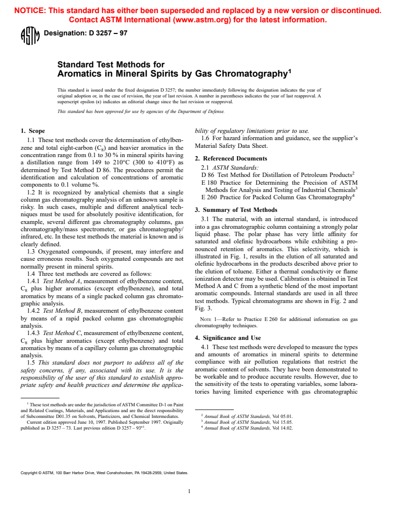 ASTM D3257-97 - Standard Test Methods for Aromatics in Mineral Spirits by Gas Chromatography