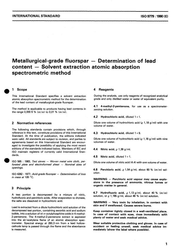 ISO 9779:1990 - Metallurgical-grade fluorspar -- Determination of lead content -- Solvent extraction atomic absorption spectrometric method