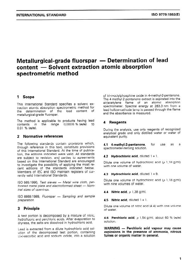 ISO 9779:1993 - Metallurgical-grade fluorspar -- Determination of lead content -- Solvent extraction atomic absorption spectrometric method