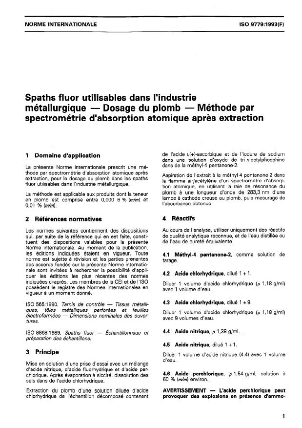 ISO 9779:1993 - Spaths fluor utilisables dans l'industrie métallurgique -- Dosage du plomb -- Méthode par spectrométrie d'absorption atomique apres extraction
