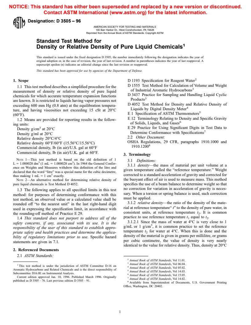 ASTM D3505-96 - Standard Test Method for Density or Relative Density of Pure Liquid Chemicals