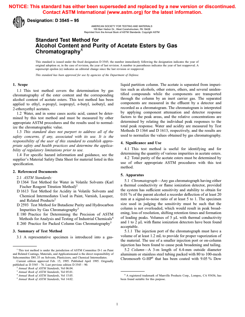 ASTM D3545-95 - Standard Test Method for Alcohol Content and Purity of Acetate Esters by Gas Chromatography