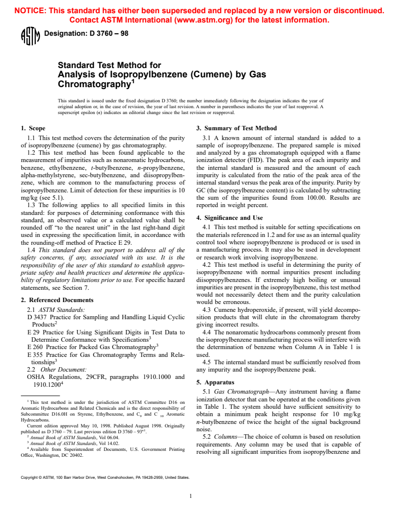 ASTM D3760-98 - Standard Test Method for Analysis of Isopropylbenzene (Cumene) by Gas Chromatography