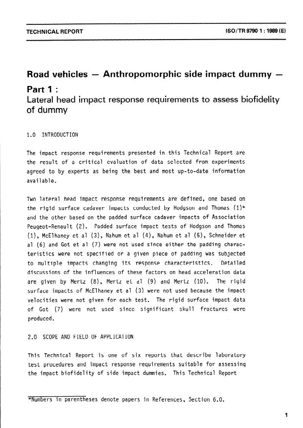 ISO/TR 9790-1:1989 - Road vehicles -- Anthropomorphic side impact dummy