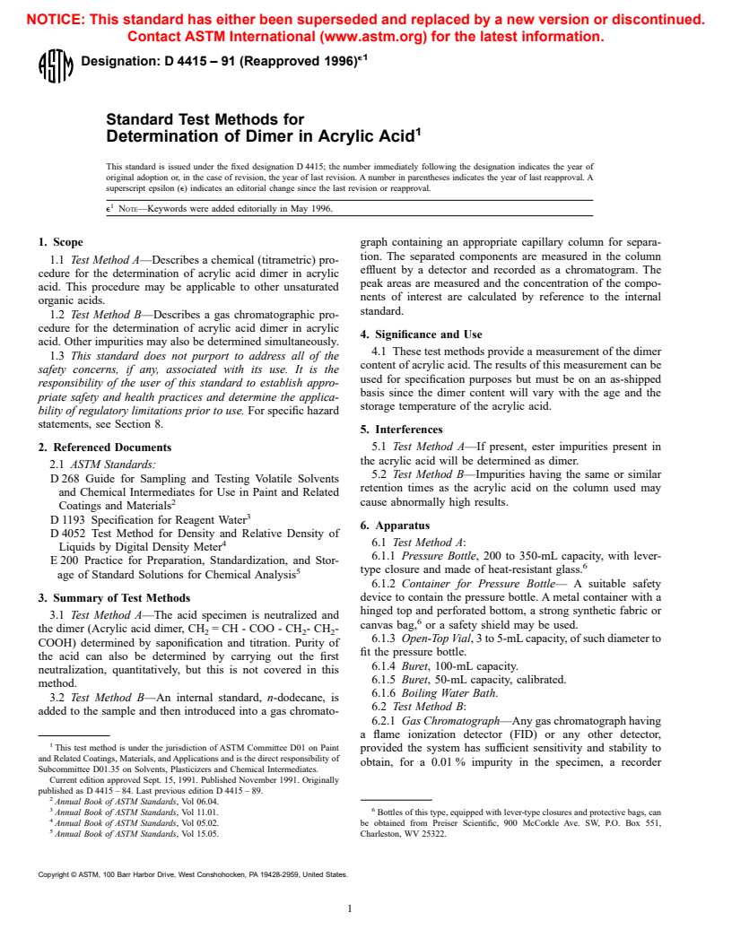 ASTM D4415-91(1996)e1 - Standard Test Methods for Determination of Dimer in Acrylic Acid