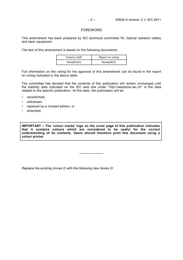 IEC 60825-4:2006/AMD2:2011 IEC 60825-4:2006/AMD2:2011 - Amendment 2 - Safety of laser products - Part 4: Laser guards - Page 4 preview