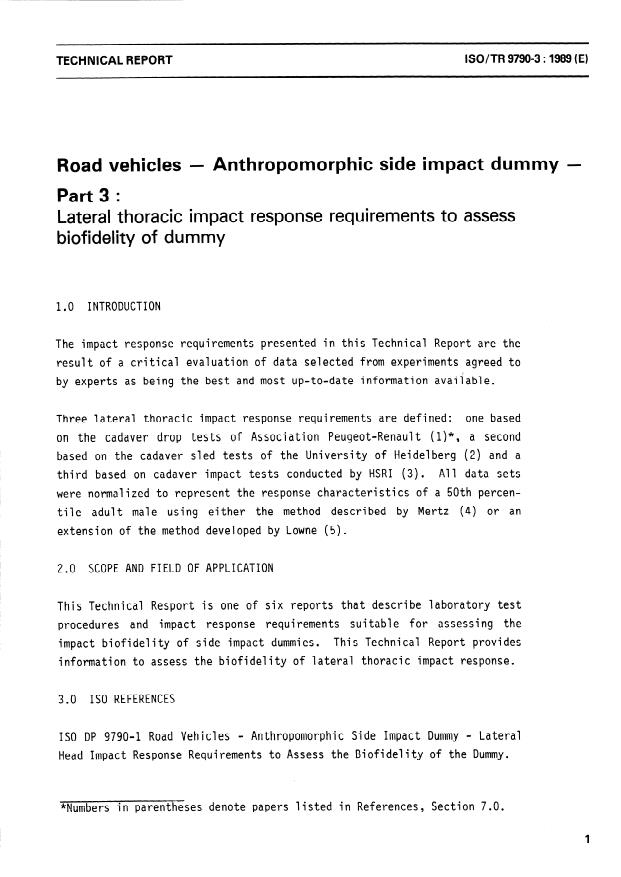 ISO/TR 9790-3:1989 - Road vehicles -- Anthropomorphic side impact dummy