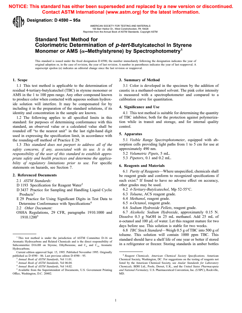 ASTM D4590-95A - Standard Test Method for Colorimetric Determination of <i>p-tert</i>-Butylcatechol In Styrene Monomer or AMS (alpha-Methylstyrene) by Spectrophotometry