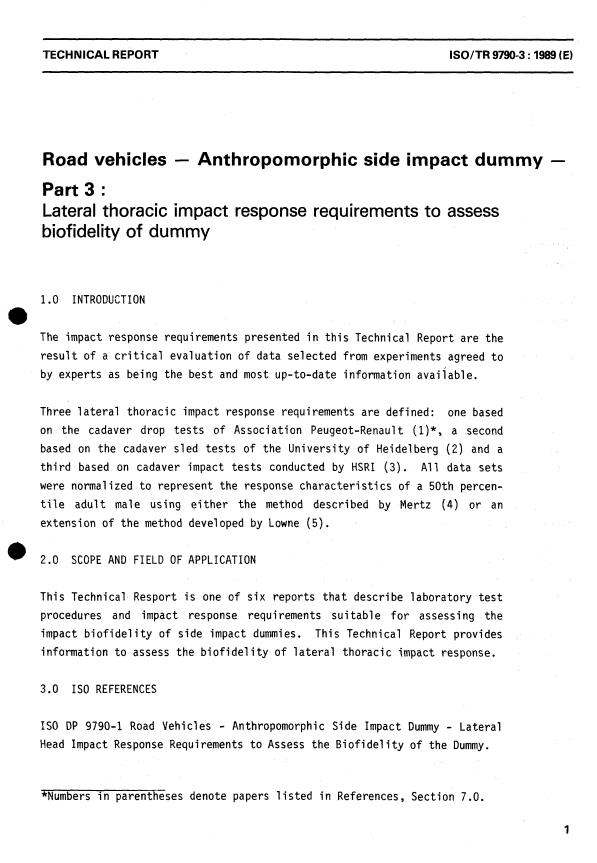 ISO/TR 9790-3:1989 - Véhicules routiers -- Mannequin anthropomorphe pour essai de choc latéral