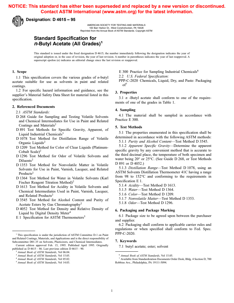 ASTM D4615-95 - Standard Specification for <i>n</i>-Butyl Acetate (All Grades)