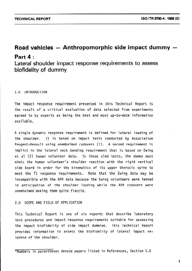 ISO/TR 9790-4:1989 - Road vehicles -- Anthropomorphic side impact dummy
