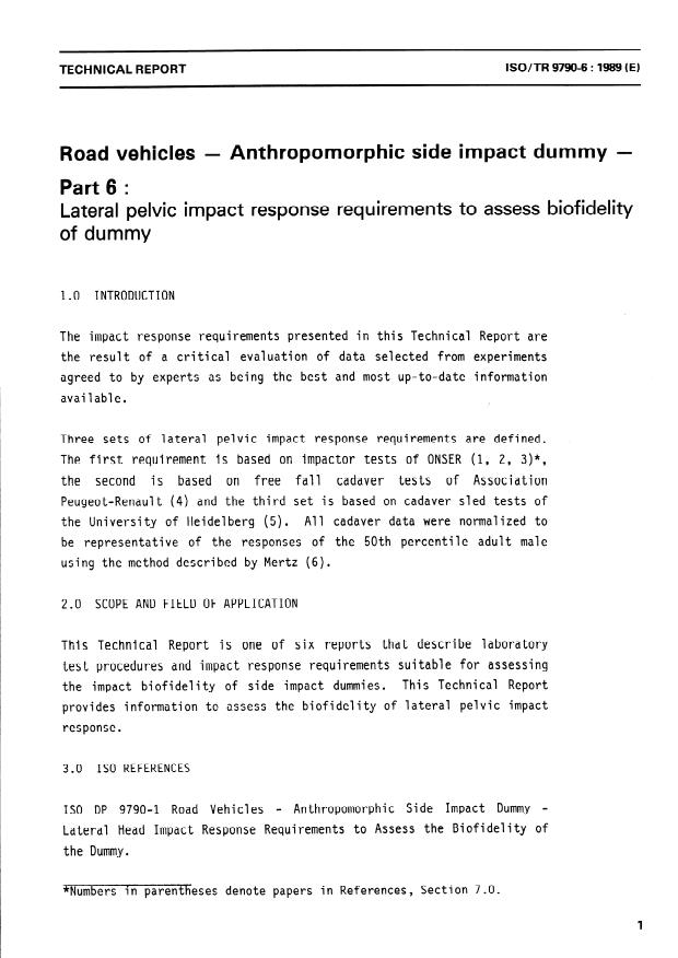 ISO/TR 9790-6:1989 - Road vehicles -- Anthropomorphic side impact dummy