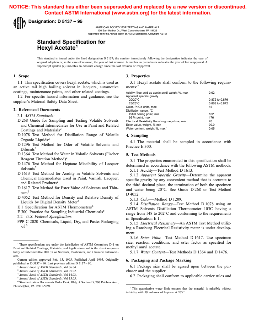 ASTM D5137-95 - Standard Specification for Hexyl Acetate