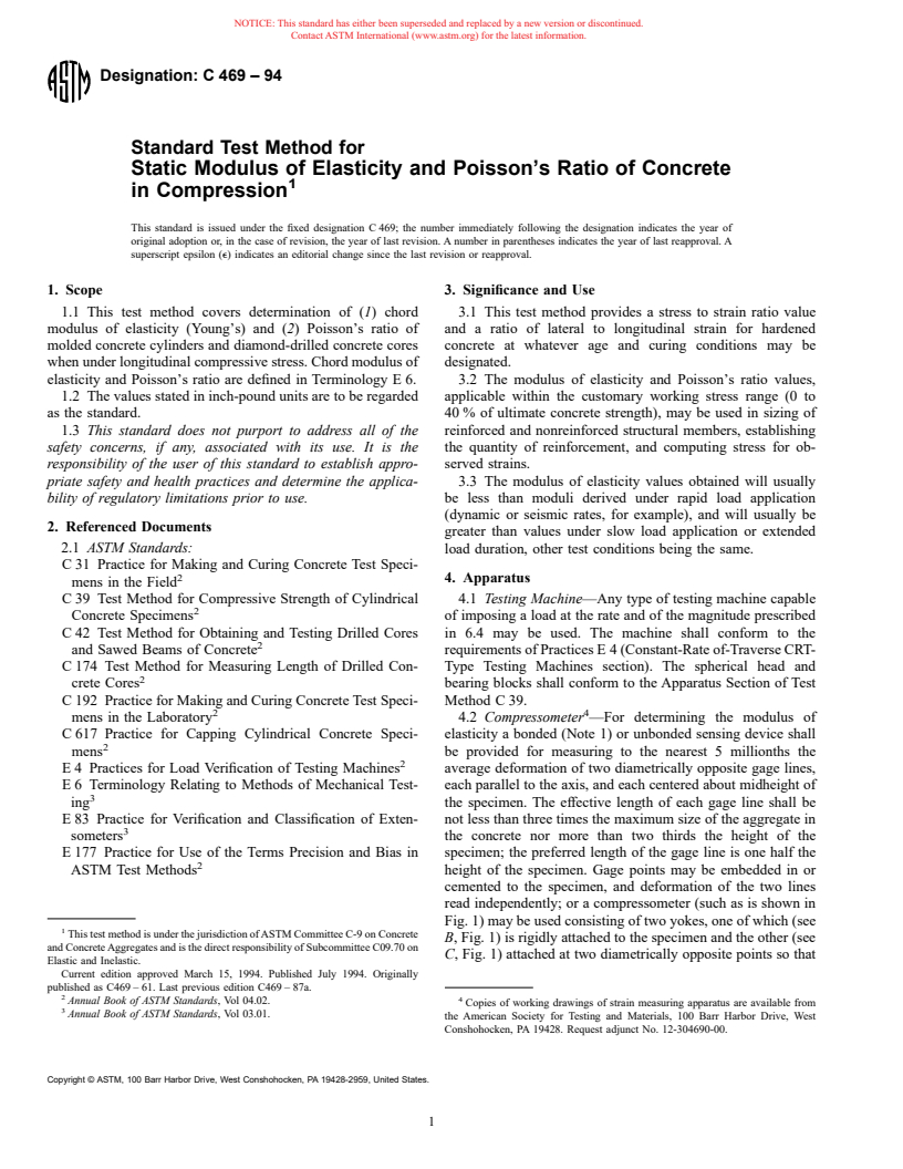 ASTM C469-94 - Standard Test Method for Static Modulus of Elasticity and Poisson's Ratio of Concrete in Compression